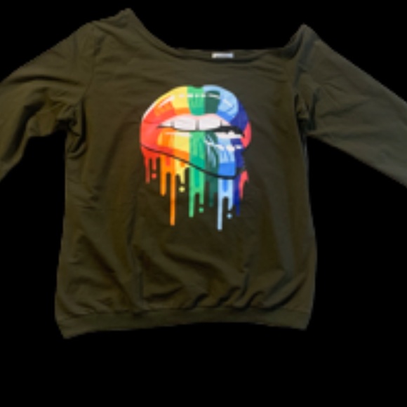 MagicMK Women's Shirts Rainbow Mouth Lips Off the Shoulder - Picture 10 of 13